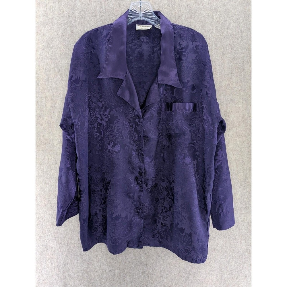 Vintage Victorias Secret Purple Satin Pajama Top Shirt M Long Sleeve Button Down